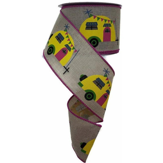 2.5" Summer Camper Ribbon: Lt Natural/Fuchsia (10 Yards)