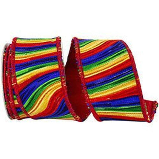 2.5" Waves Embroidery Dupioni Backed Ribbon: Rainbow (5 Yards)