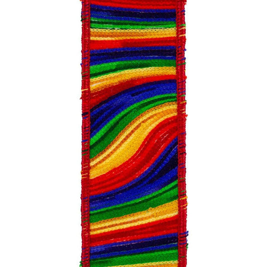 2.5" Waves Embroidery Dupioni Backed Ribbon: Rainbow (5 Yards)