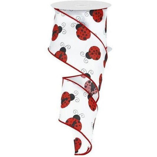 2.5" White Satin Ladybug Ribbon (10 Yards)