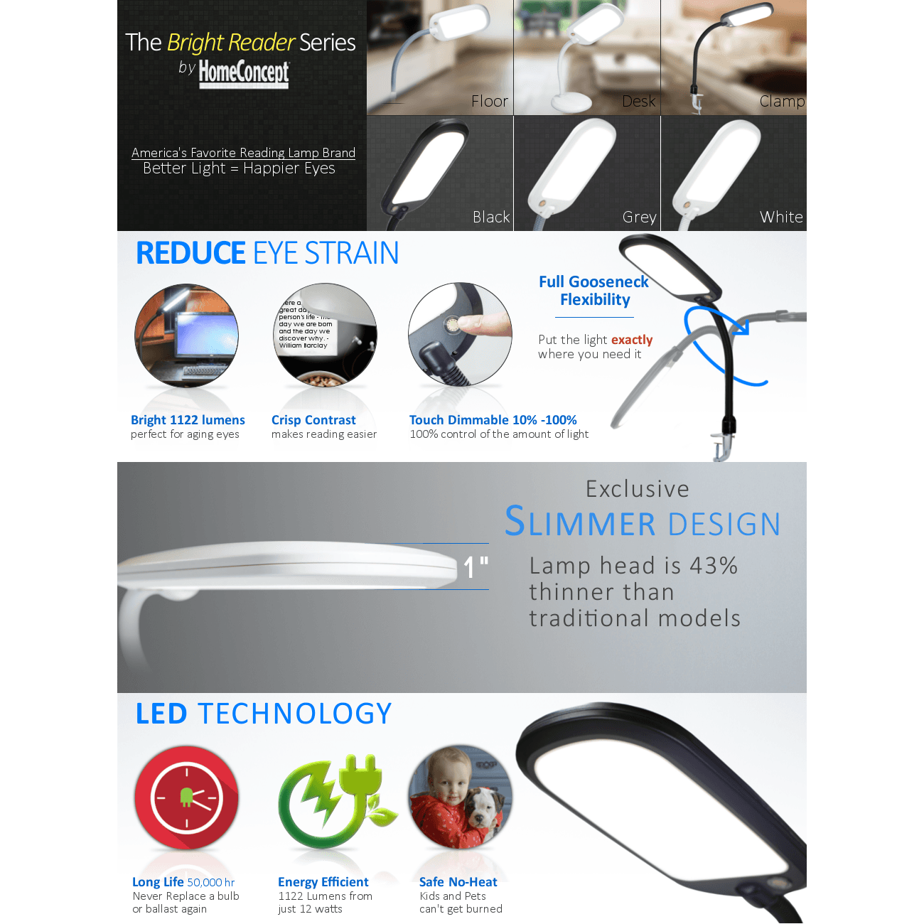 26"H Clamp-on LED Bright Reader Desk Lamp