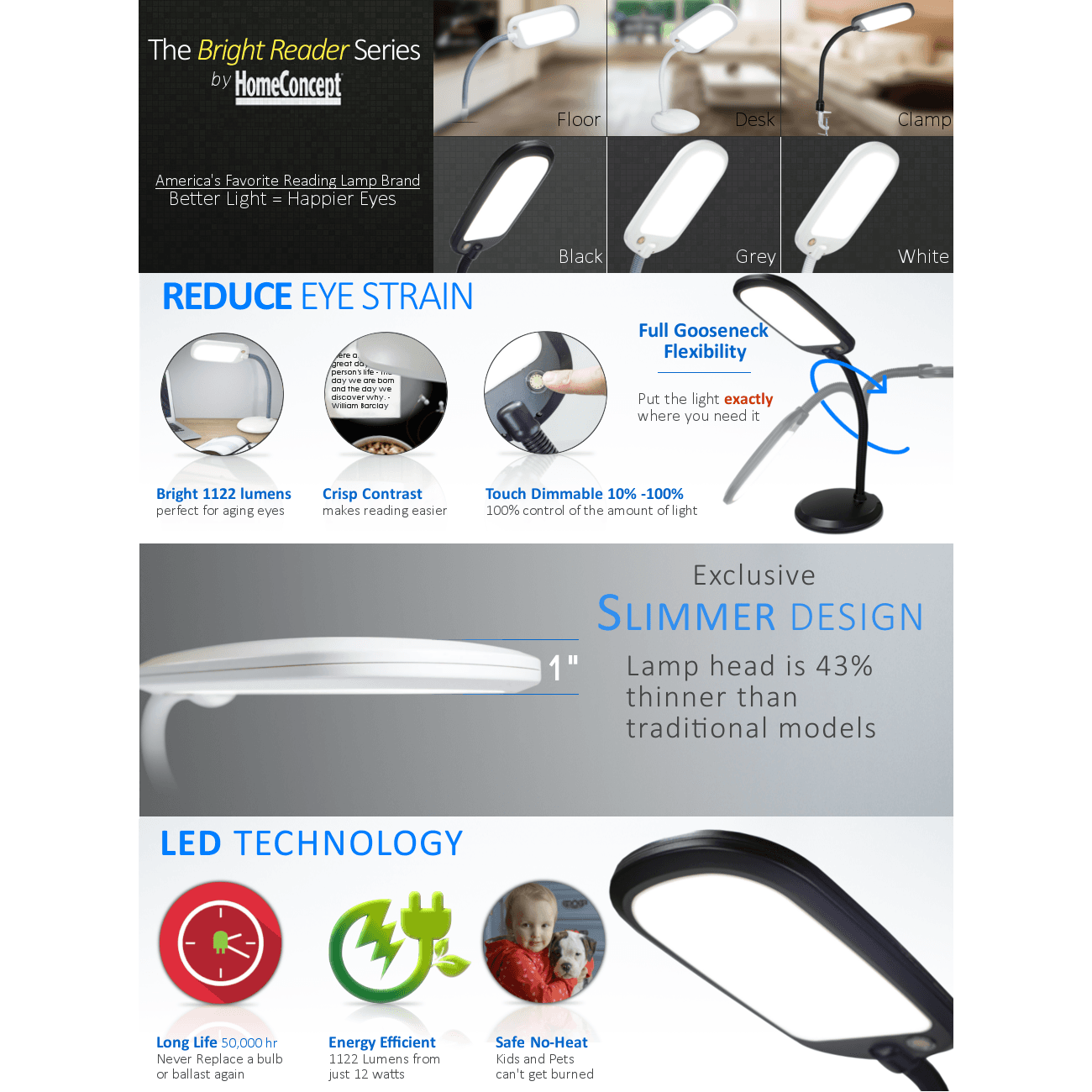 26"H LED Bright Reader Natural Daylight Full Spectrum Desk Lamp Grey