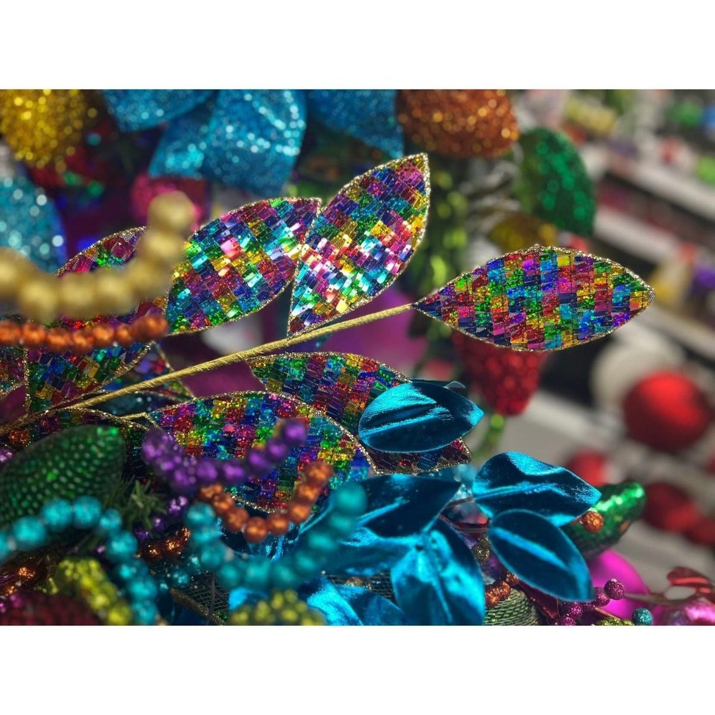 27" Sequin Magnolia Leaf Spray: Fiesta
