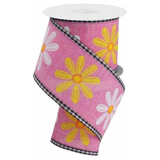 2.75" Embroidered Mixed Daisy Ribbon: Pink (10 Yards)