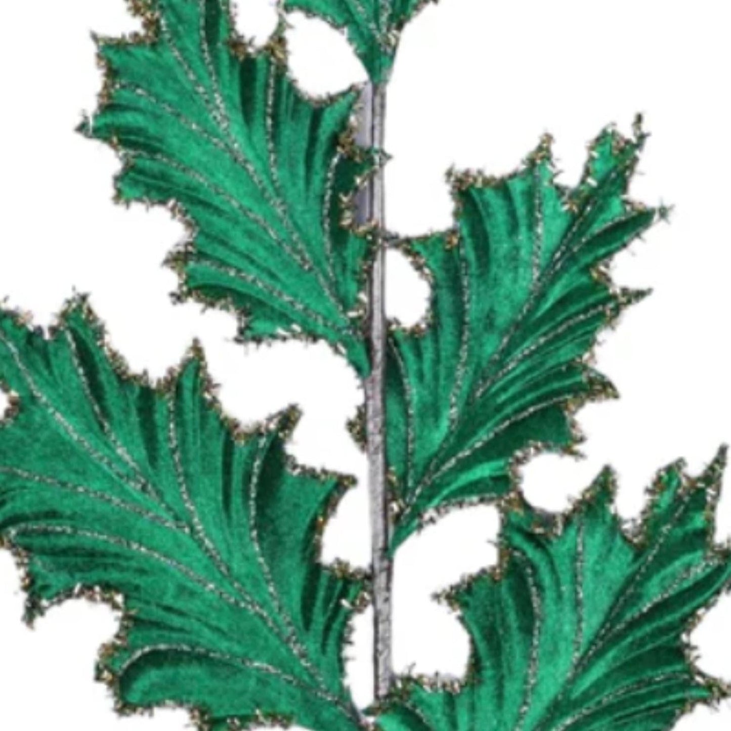 28" Tinsel Holly Leaf Spray: Emerald Green