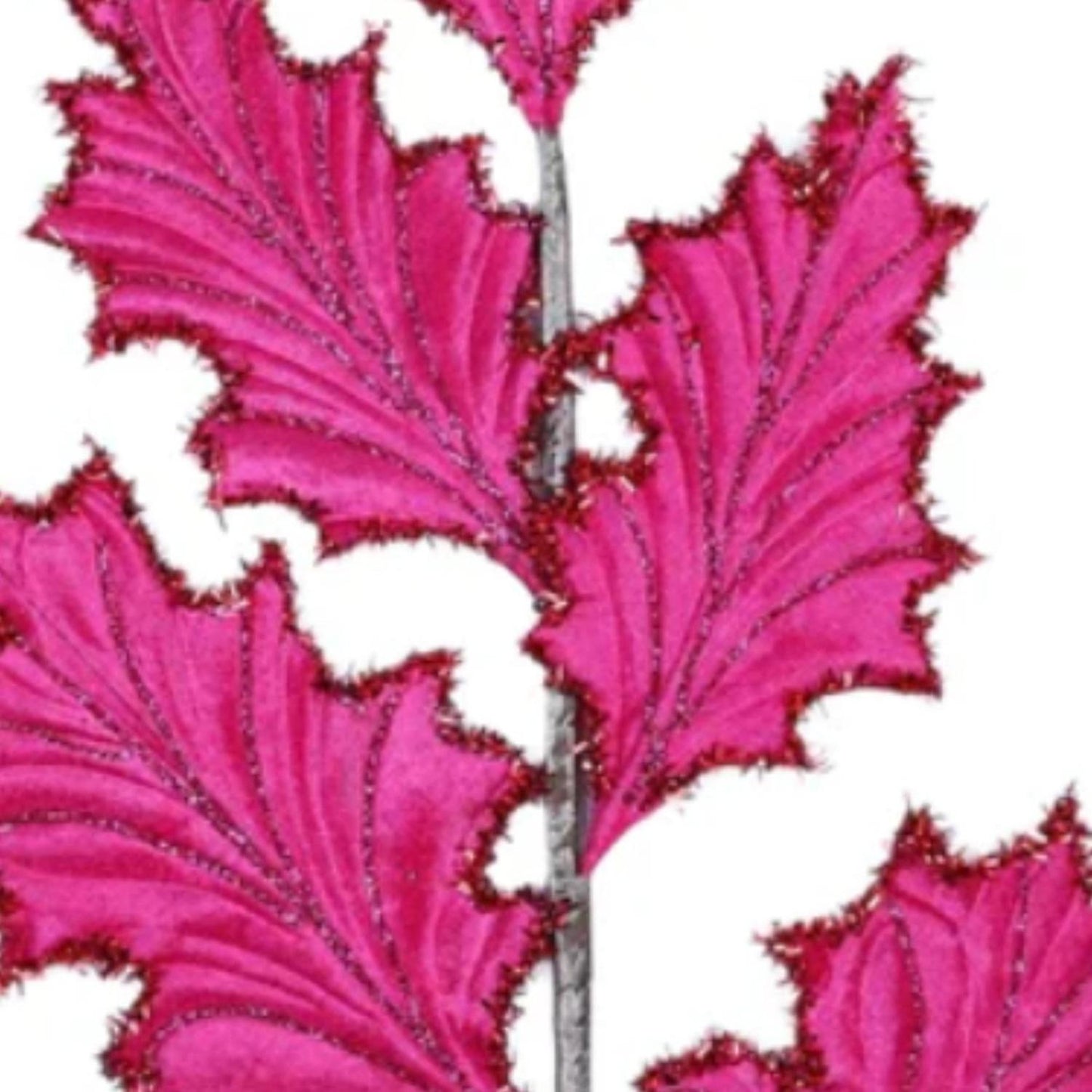 28" Tinsel Holly Leaf Spray: Hot Pink