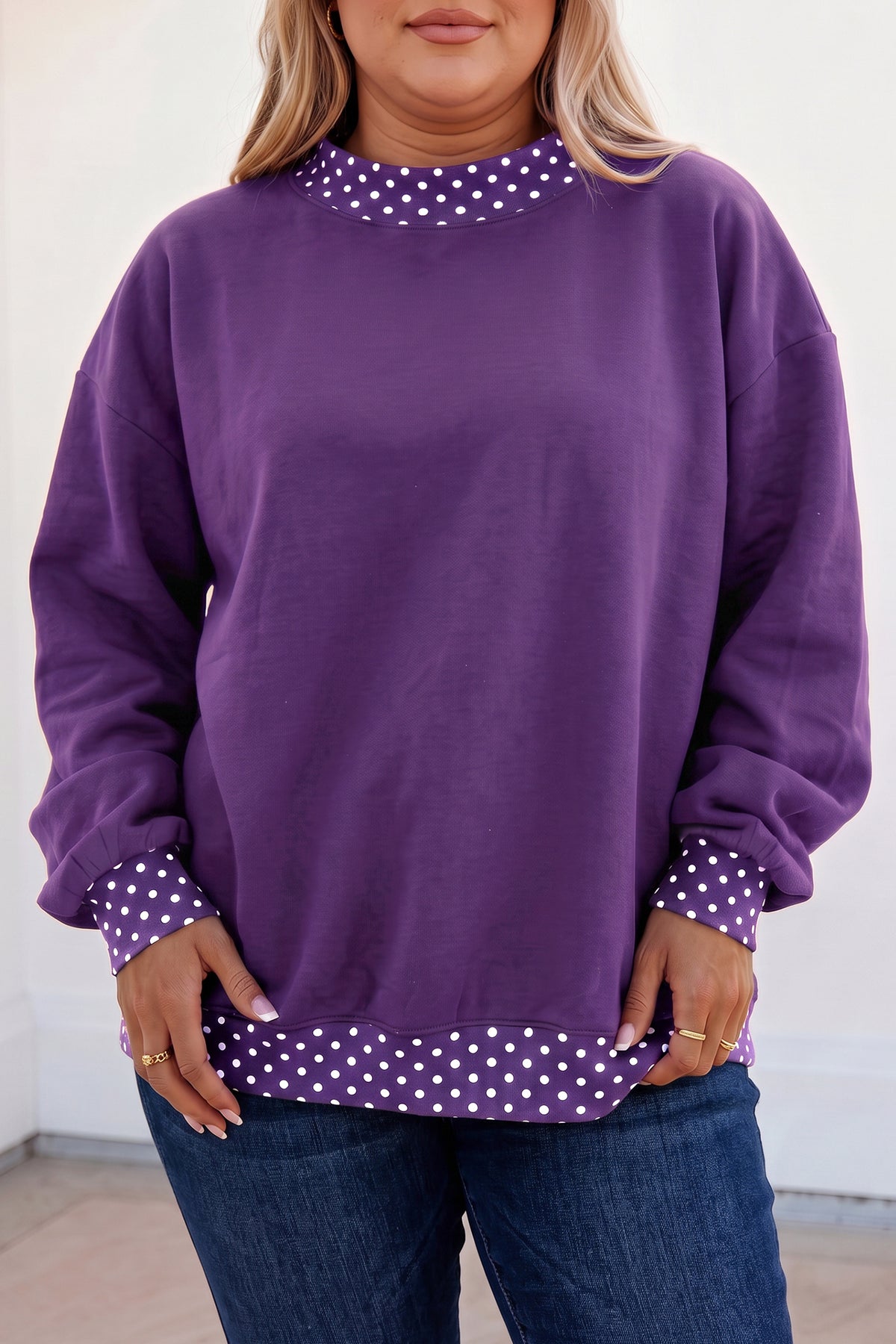 Racing Red Polka Dot Patchwork Round Neck Plus Size Sweatshirt