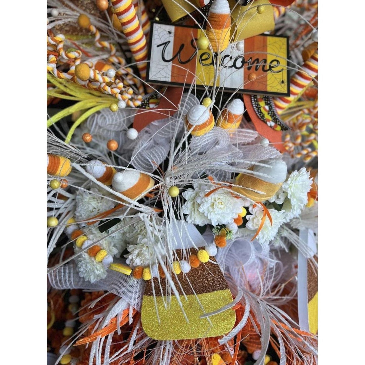 29" Velvet Rope Pom Pom Spray: Candy Corn