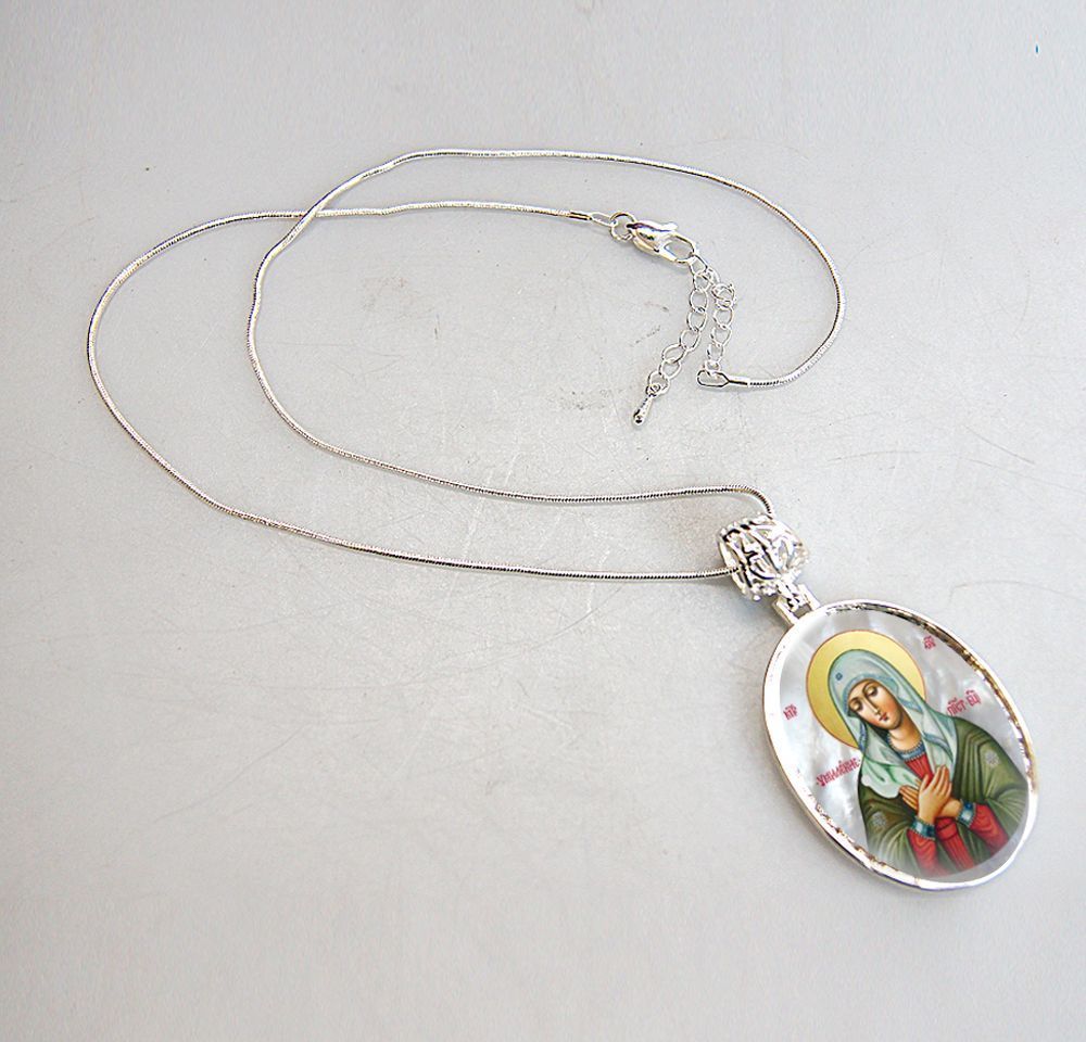 Mother of God Tenderness Silver Plated Mother of Pearl Necklace Jewelry - 43012