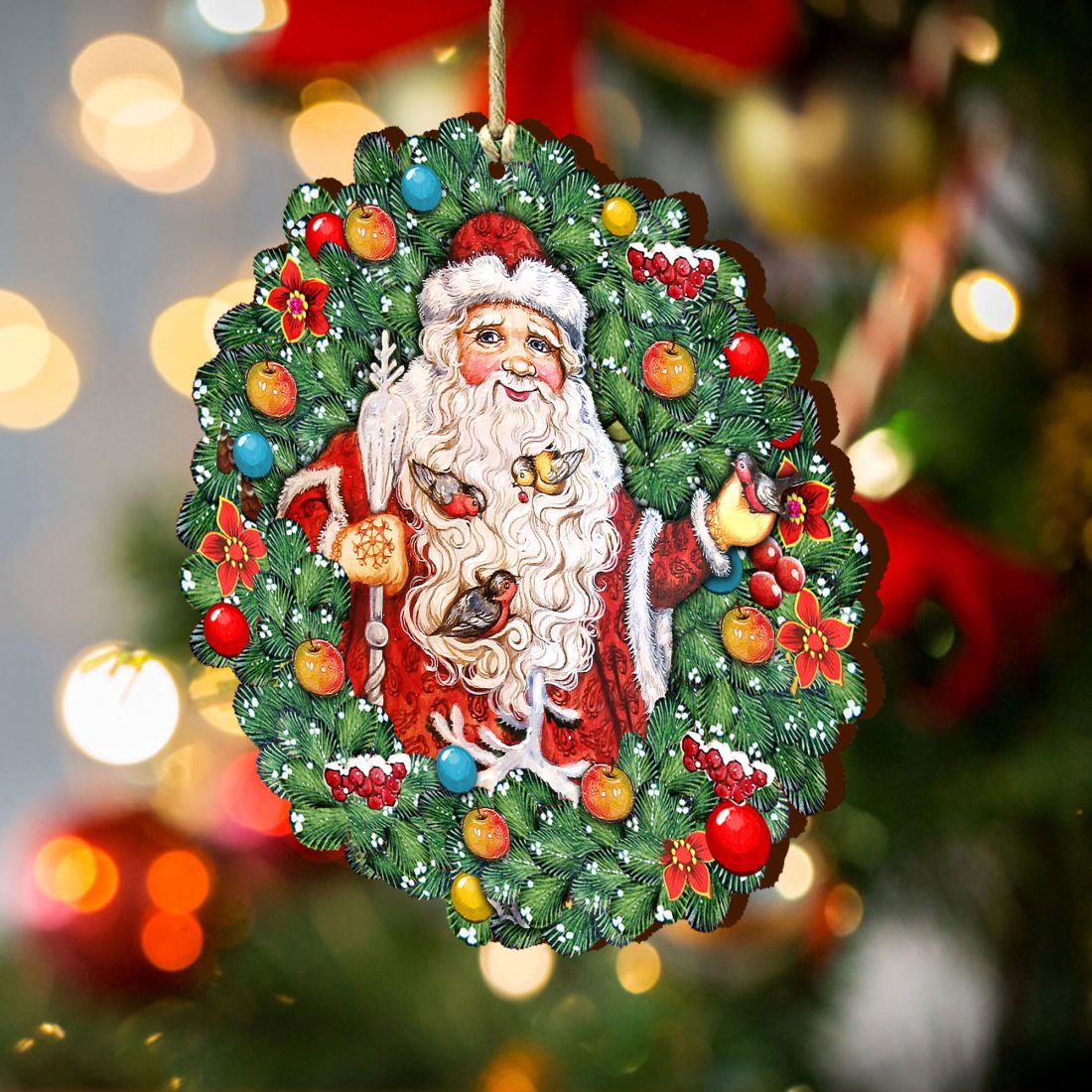 Santa Wreath with Birds Wooden Ornaments by G. DeBrekht - Christmas Santa Snowman Decor - 8185320