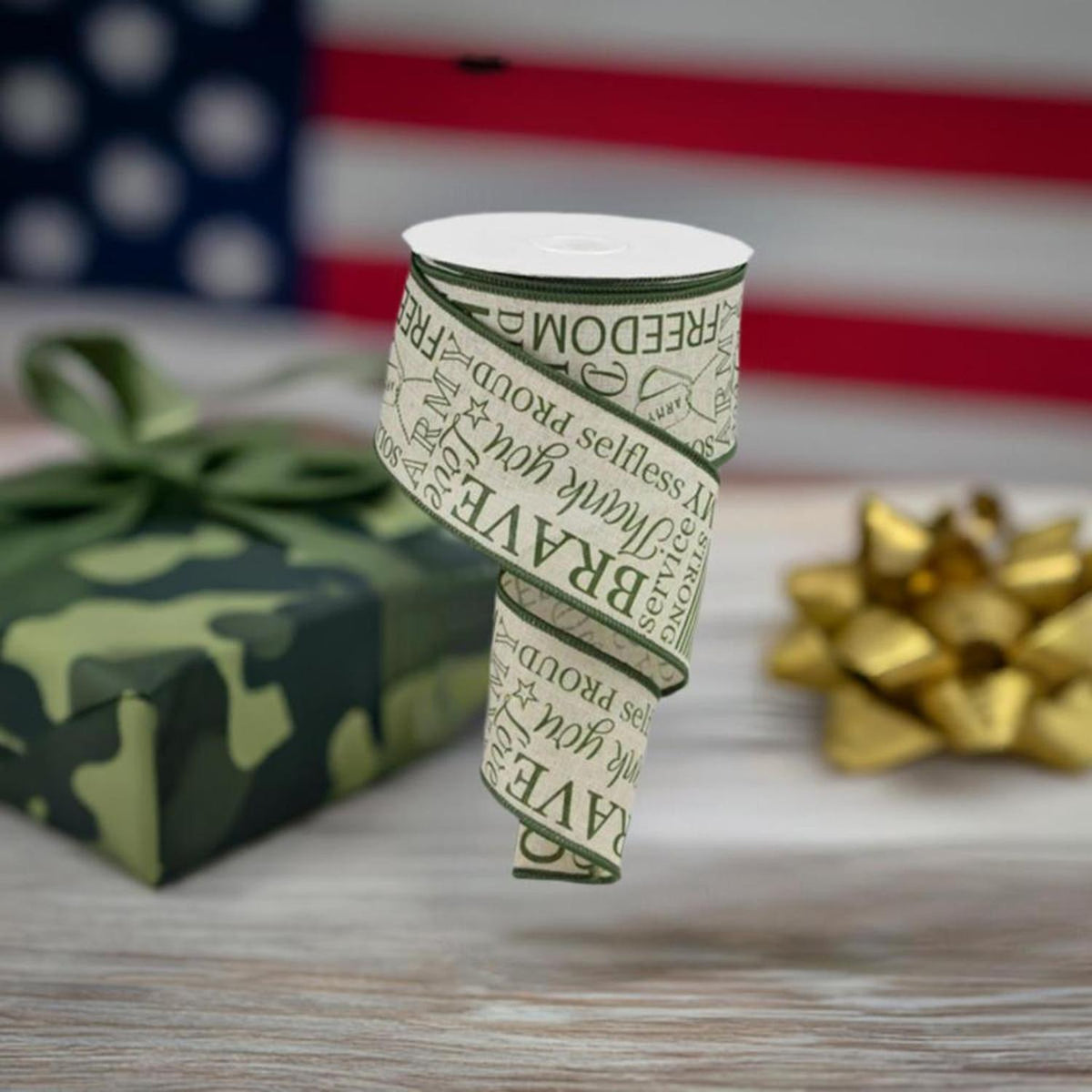 2.5" Army Ribbon: Army Green & Natural (10 Yards)