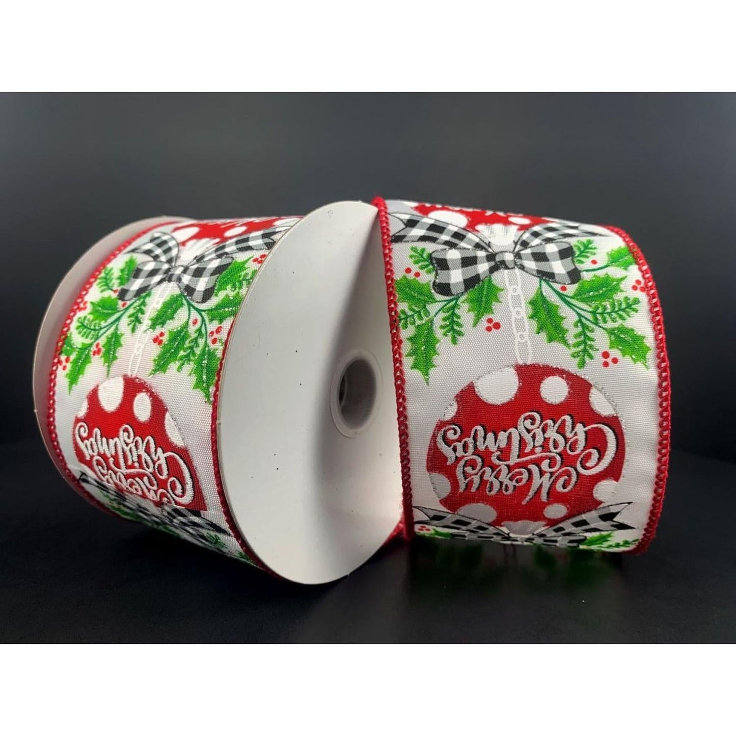 2.5" Christmas Ornament Holly Ribbon: White & Red (10 Yards)