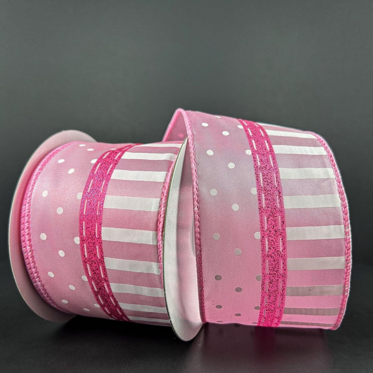 2.5" Dots and Stripes Whimsy Ribbon: Pink & White (10 Yards)