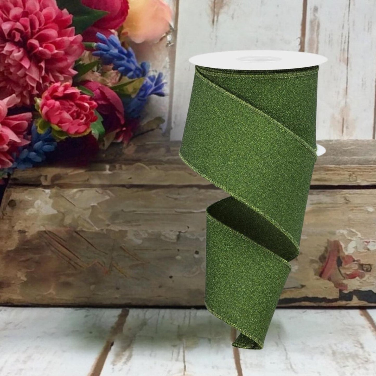 2.5" Fine Glitter on Royal Ribbon: Moss Green (10 Yards)