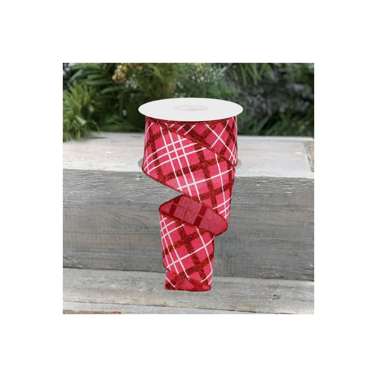 2.5" Glitter Diagonal Plaid: Hot Pink/Red (10 Yard)