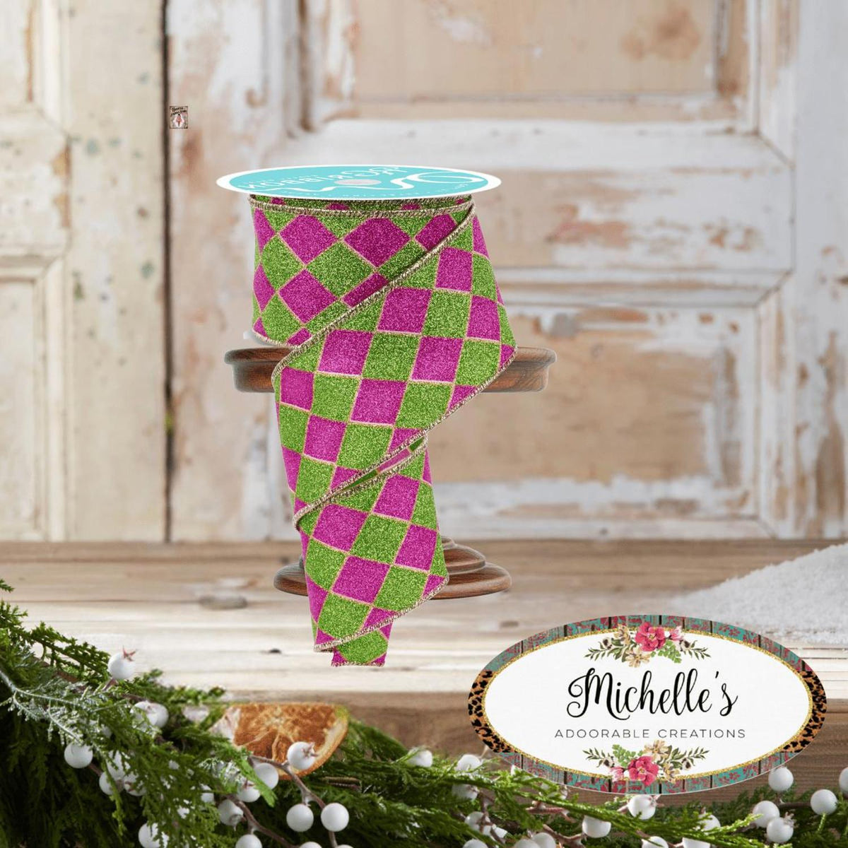 2.5" Glitter Harlequin Ribbon: Pink/Lime (10 Yards)