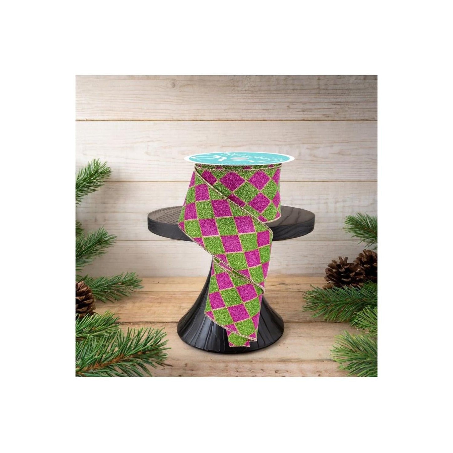 2.5" Glitter Harlequin Ribbon: Pink/Lime (10 Yards)