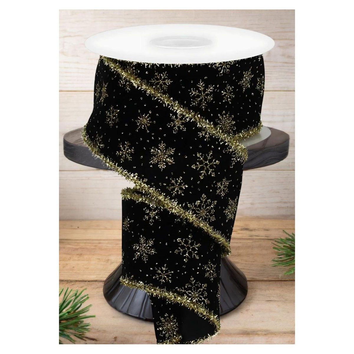 2.5" Glitter Snowflakes Tinsel Ribbon: Gold/Black (10 Yards)