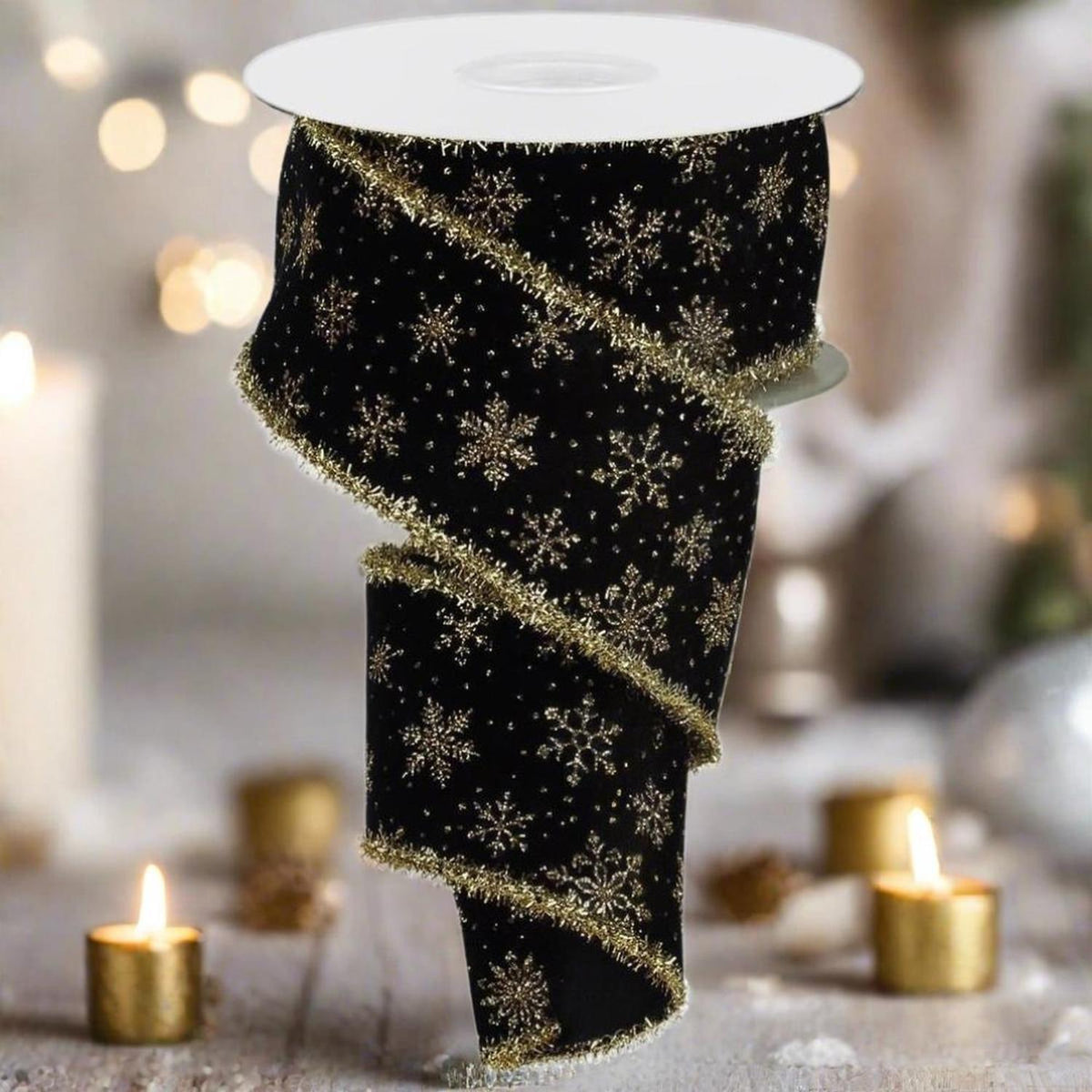 2.5" Glitter Snowflakes Tinsel Ribbon: Gold/Black (10 Yards)