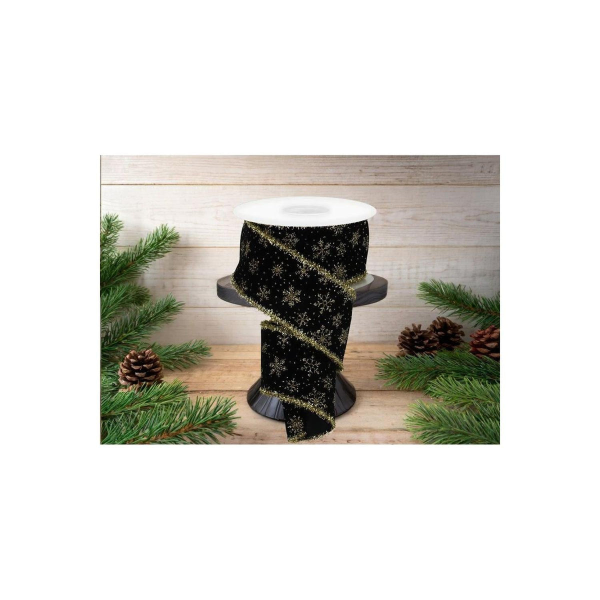 2.5" Glitter Snowflakes Tinsel Ribbon: Gold/Black (10 Yards)