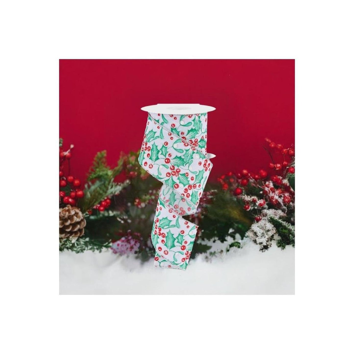 2.5" Holly Berry Mistletoe Ribbon: White/Mint (10 Yards)