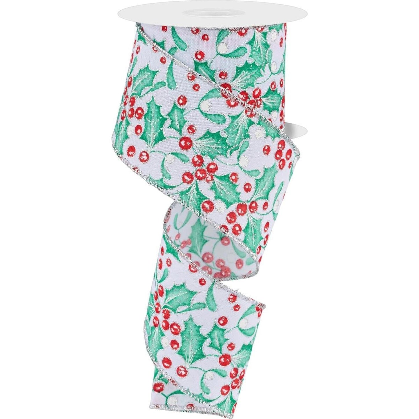 2.5" Holly Berry Mistletoe Ribbon: White/Mint (10 Yards)