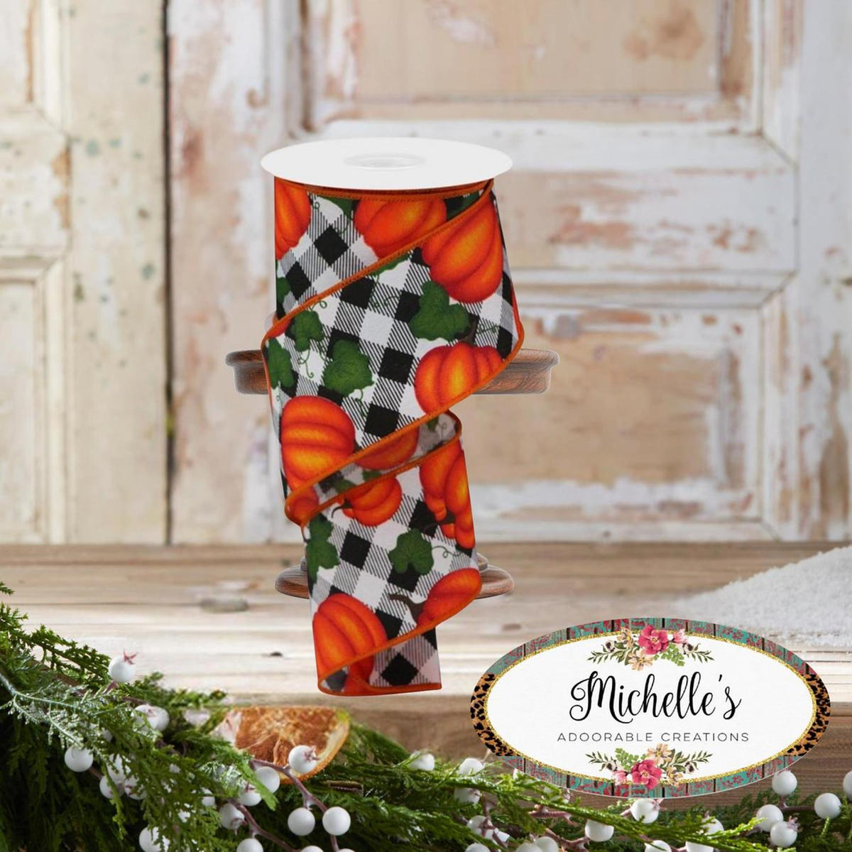 2.5" Leaves Pumpkin on Check Ribbon: White (10 Yards)