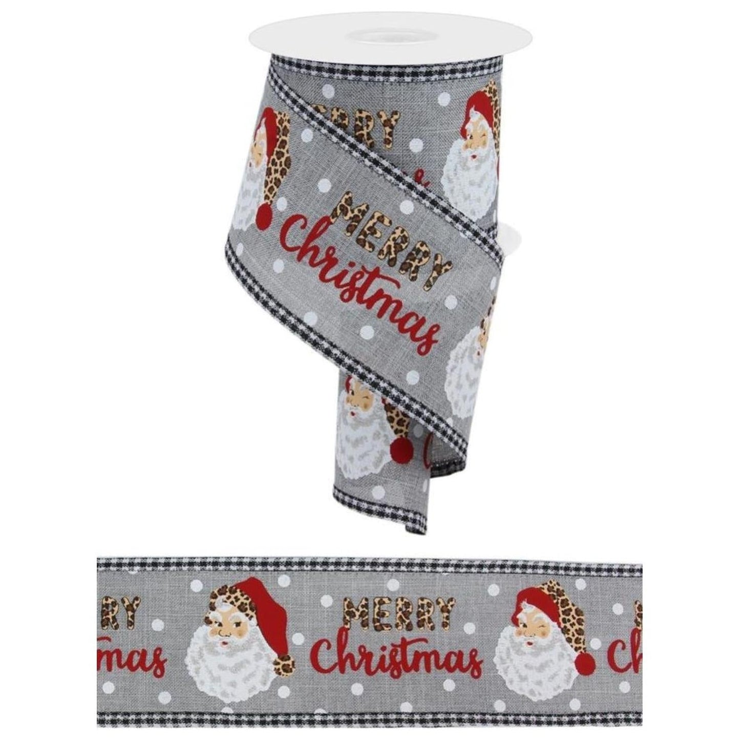2.5" Leopard Santa Check Edge Ribbon: Lt Grey (10 Yards)