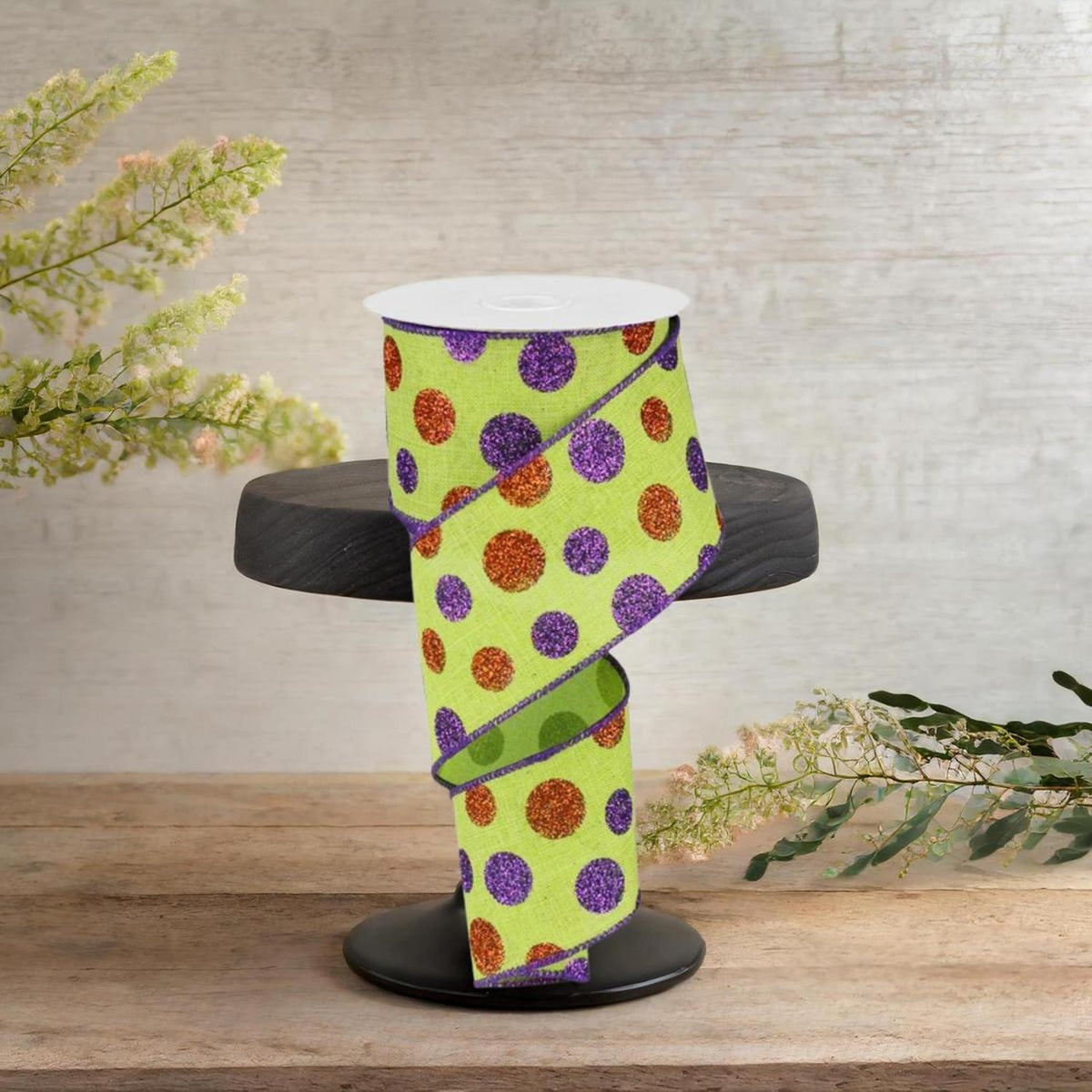2.5" Lime Green Ribbon with Multi Glitter Dots