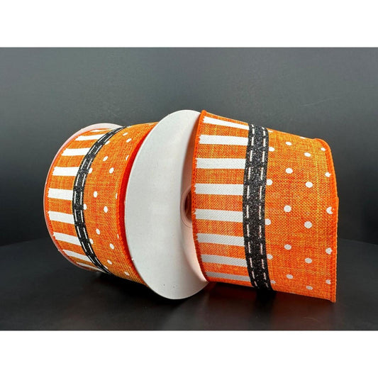 2.5" Linen Dots & Stripes Ribbon: Orange, Black, White (10 Yards)