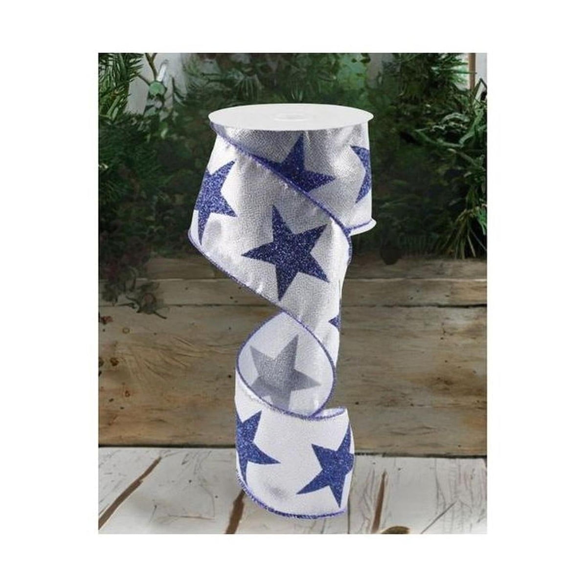 2.5" Metallic Star Ribbon: Silver & Navy (10 Yards)