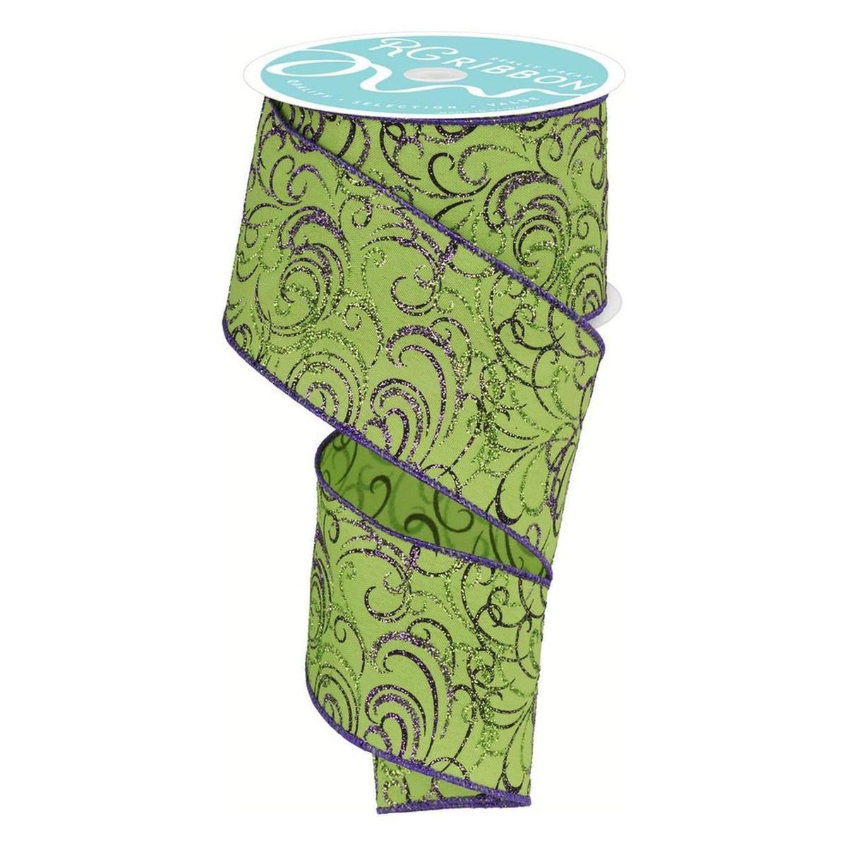 2.5" Multi Swirls Glitter Ribbon: Lime Green/Purple (10 Yard)