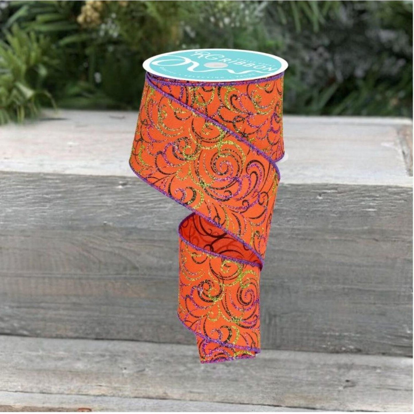 2.5" Multi Swirls Glitter Ribbon: Orange/Black/Purple (10 Yard)