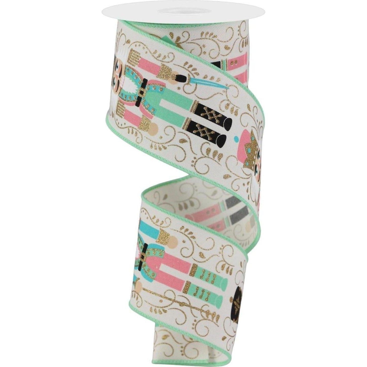 2.5" Nutcracker Ribbon: Ivory/Mint Green (10 Yards)