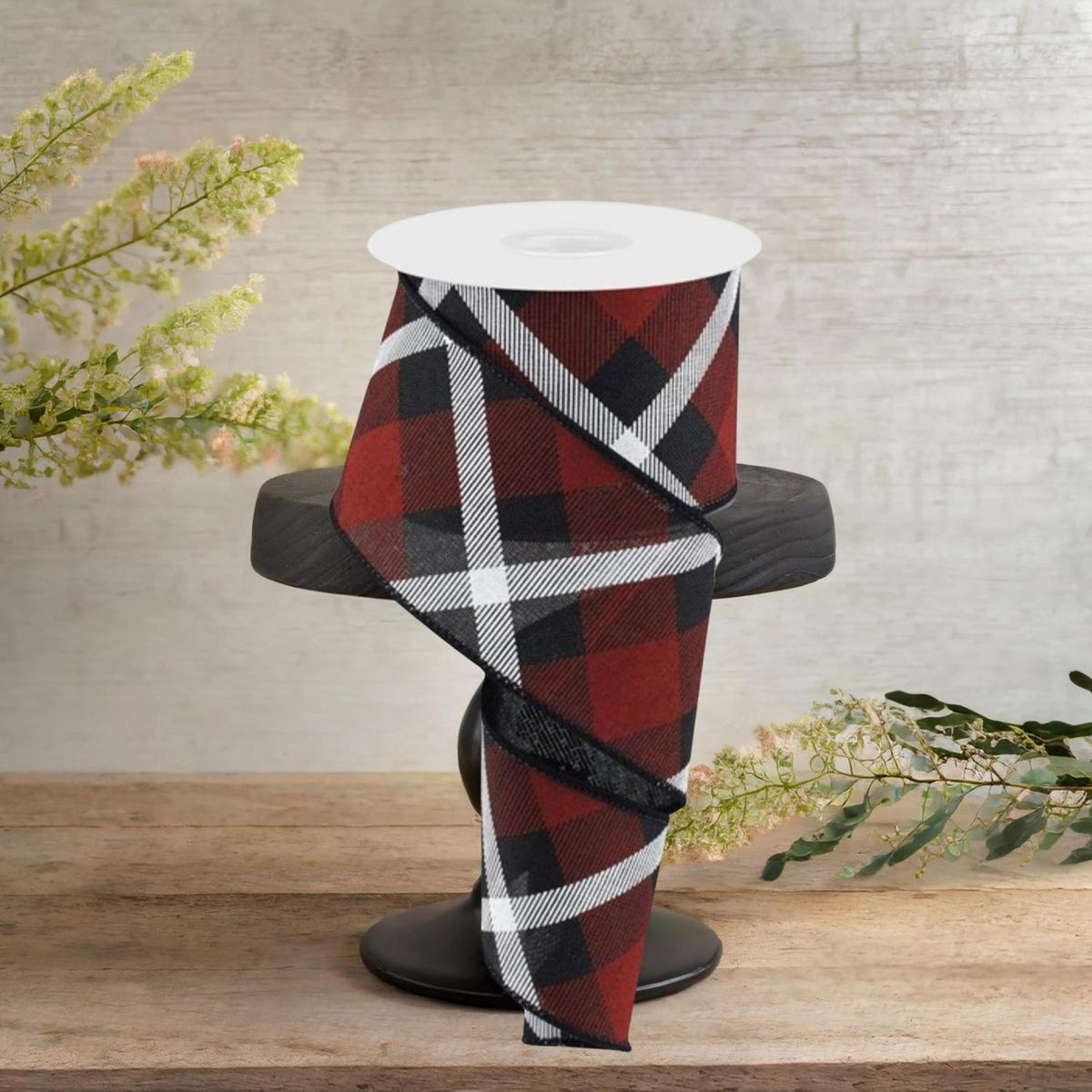 2.5" Printed Plaid Ribbon: Black, Red and White