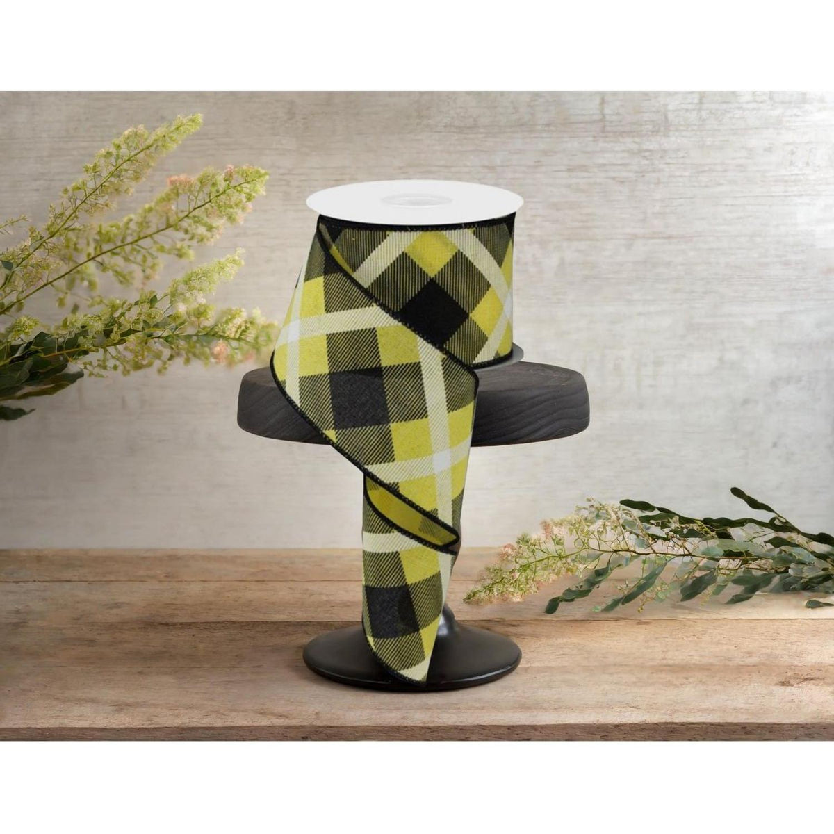 2.5" Printed Plaid Ribbon: Yellow, Black, White