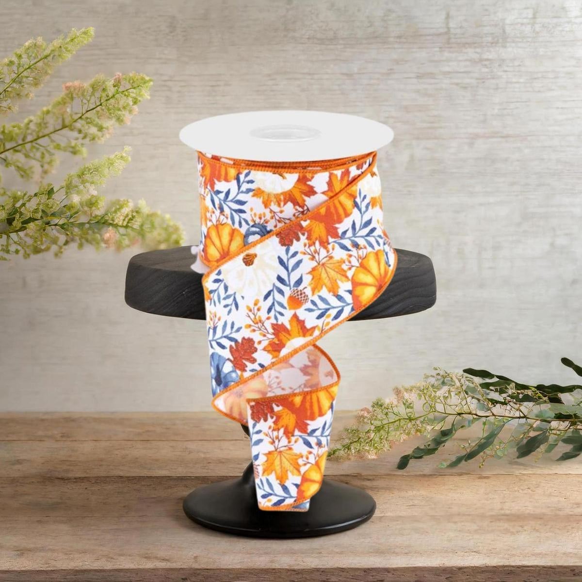 2.5" Pumpkin Foliage Ribbon: White/Navy (10 Yards)