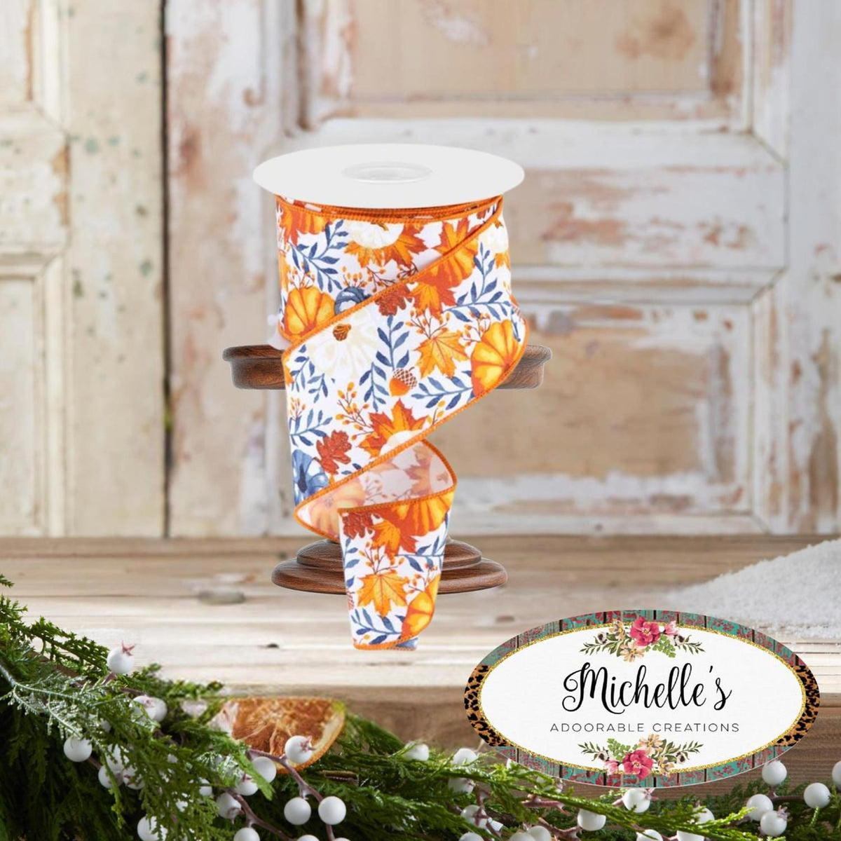 2.5" Pumpkin Foliage Ribbon: White/Navy (10 Yards)