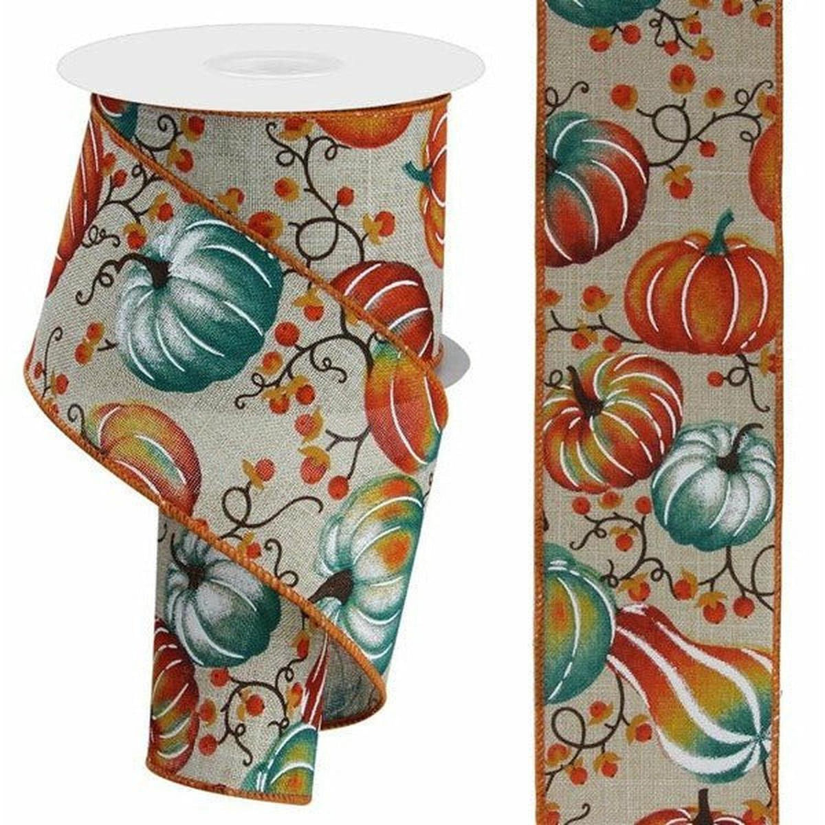2.5" Pumpkins Bittersweet Ribbon: Light Natural/Teal (10 Yards)