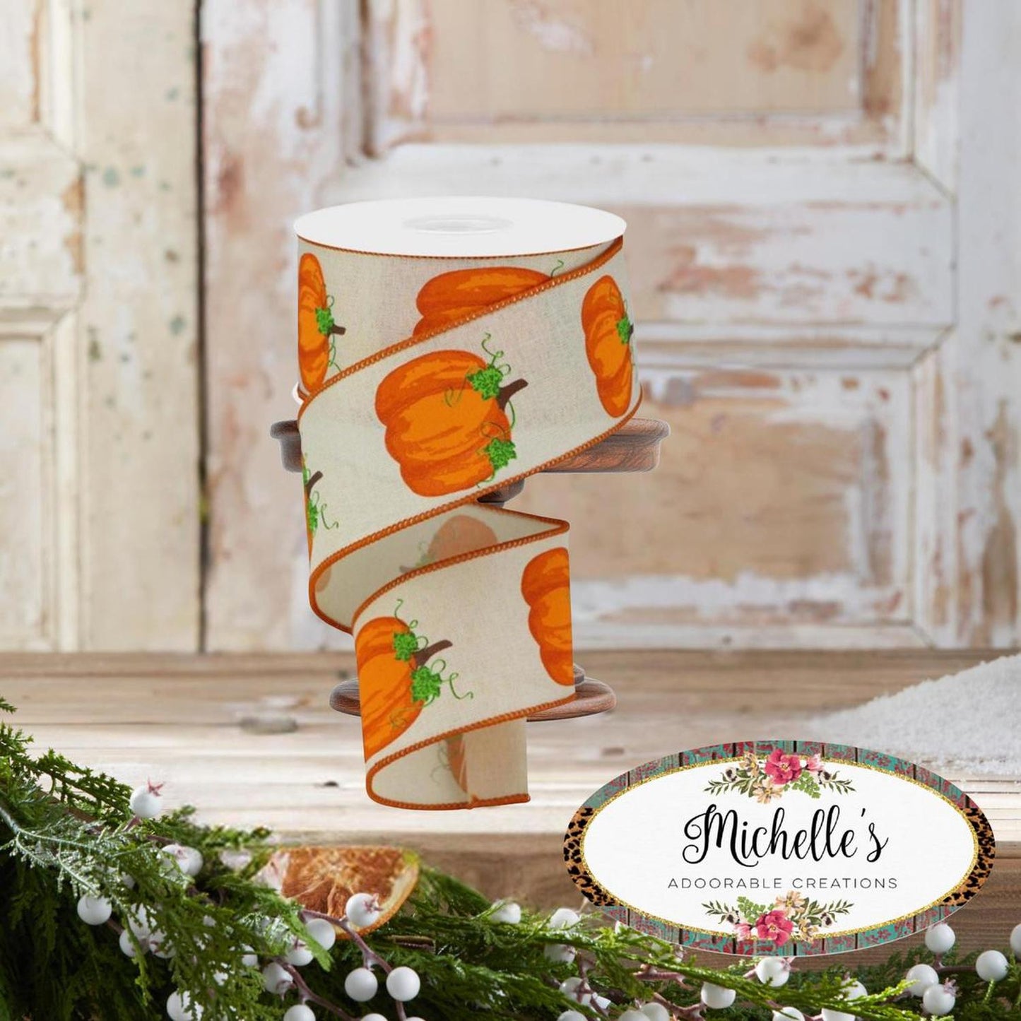 2.5" Pumpkins on Royal Ribbon: Cream (10 Yards)