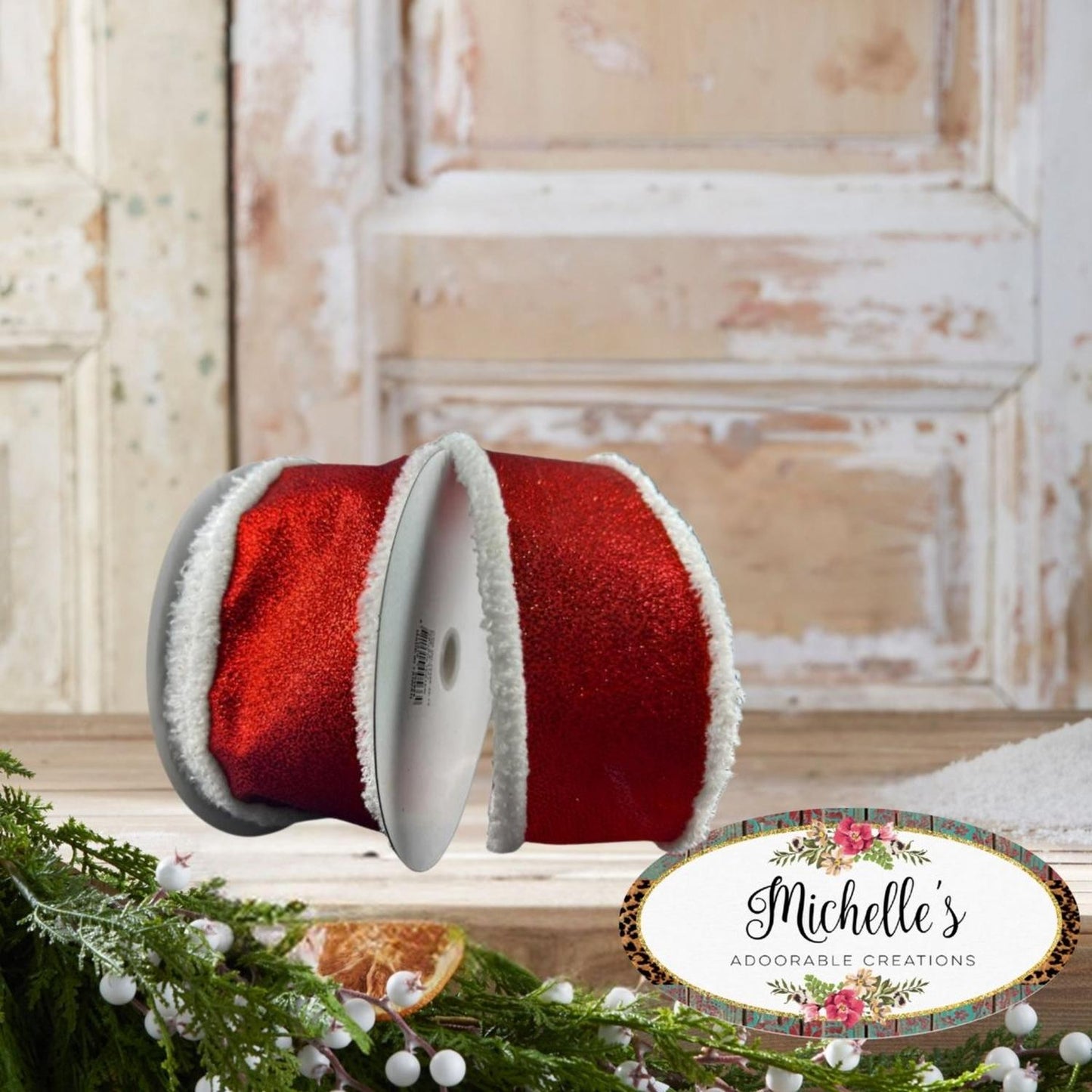 2.5" Snow Edge Satin Glitter Ribbon: Red (10 Yards)
