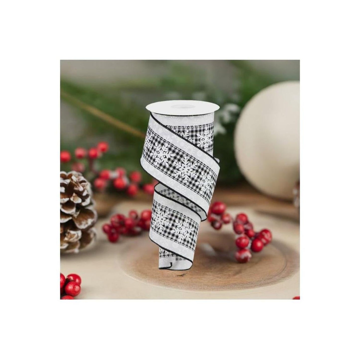 2.5" Snowflakes Check Ribbon: White (10 Yards)