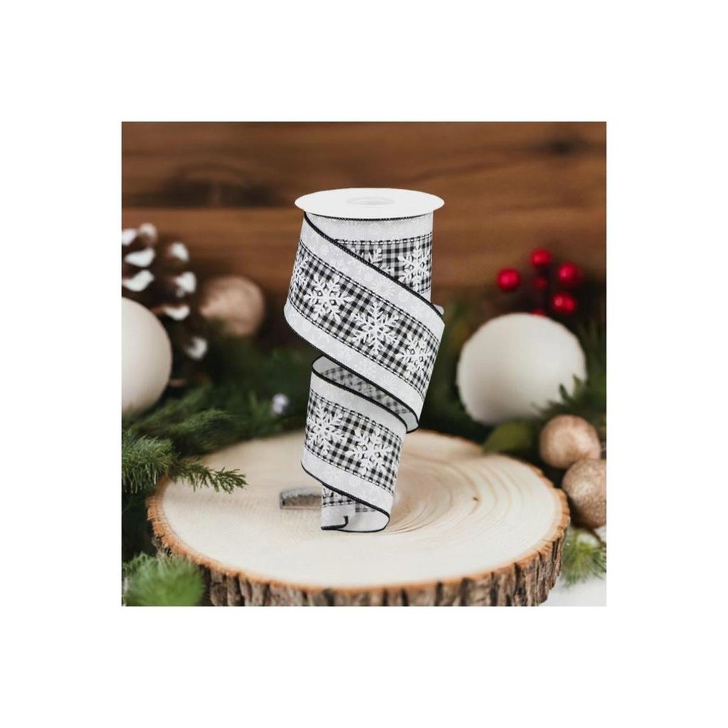 2.5" Snowflakes Check Ribbon: White (10 Yards)