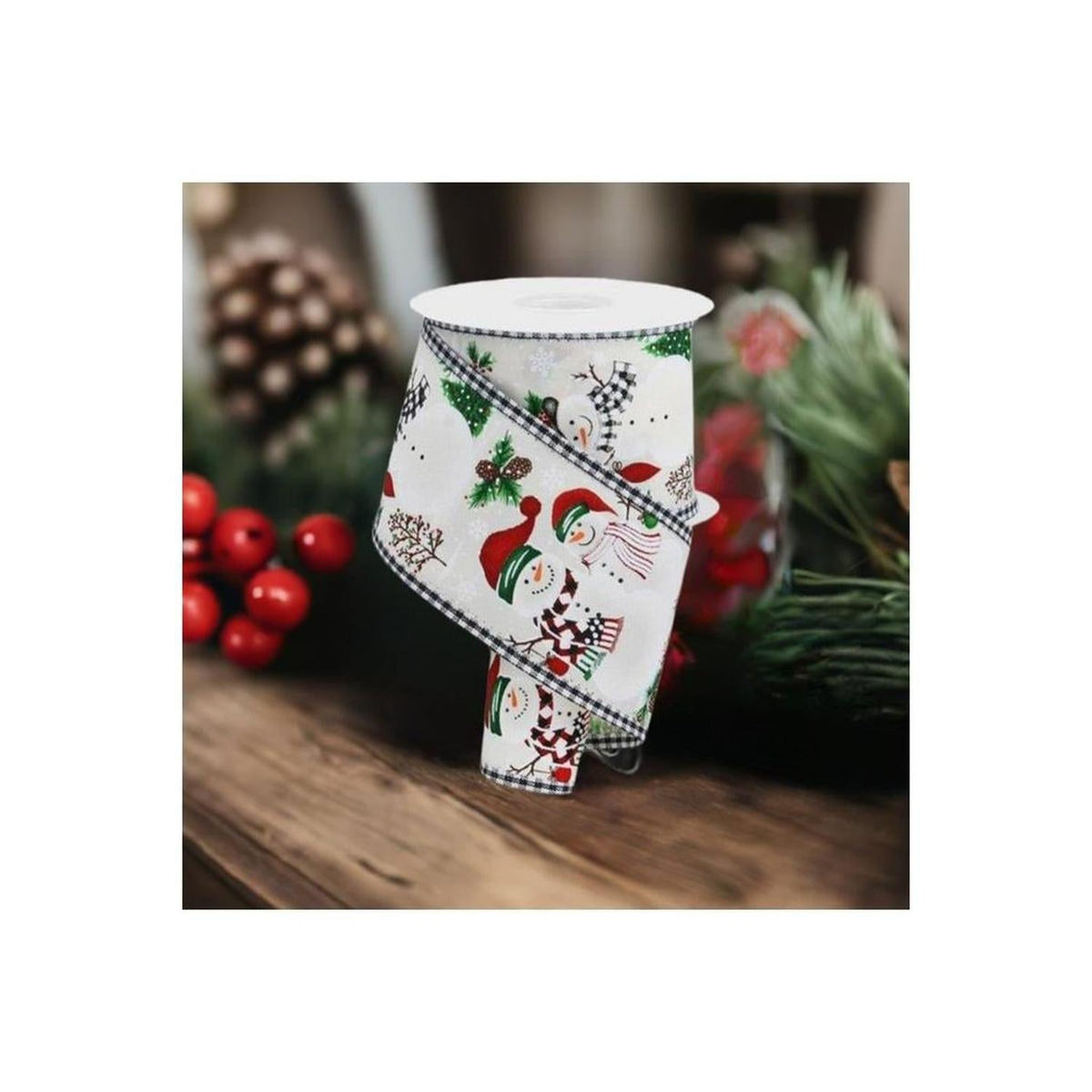 2.5" Snowman Ornaments Gingham Ribbon: Ivory (10 Yards)