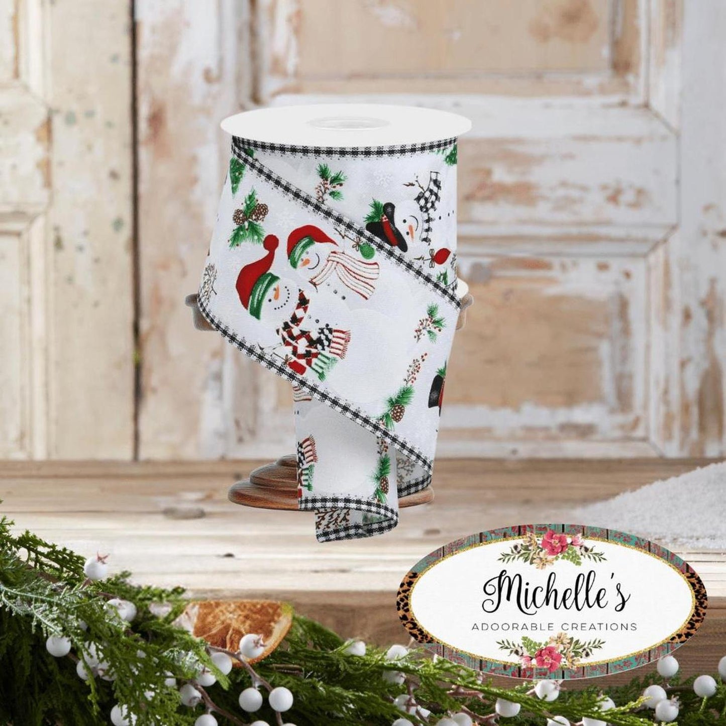 2.5" Snowman Ornaments Gingham Ribbon: White (10 Yards)