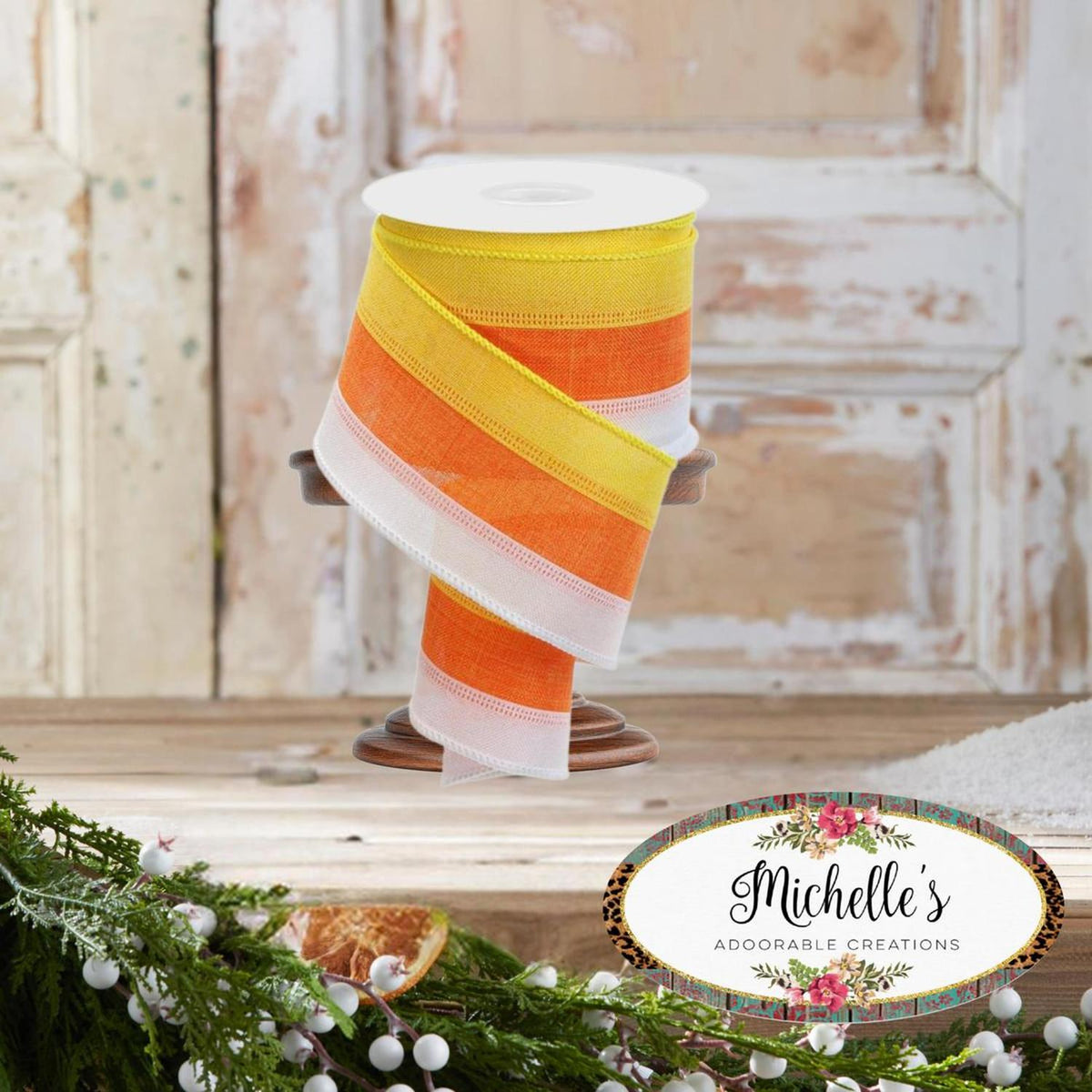 2.5" Tricolor Striped Ribbon: Orange/White, Yellow (10 Yards)