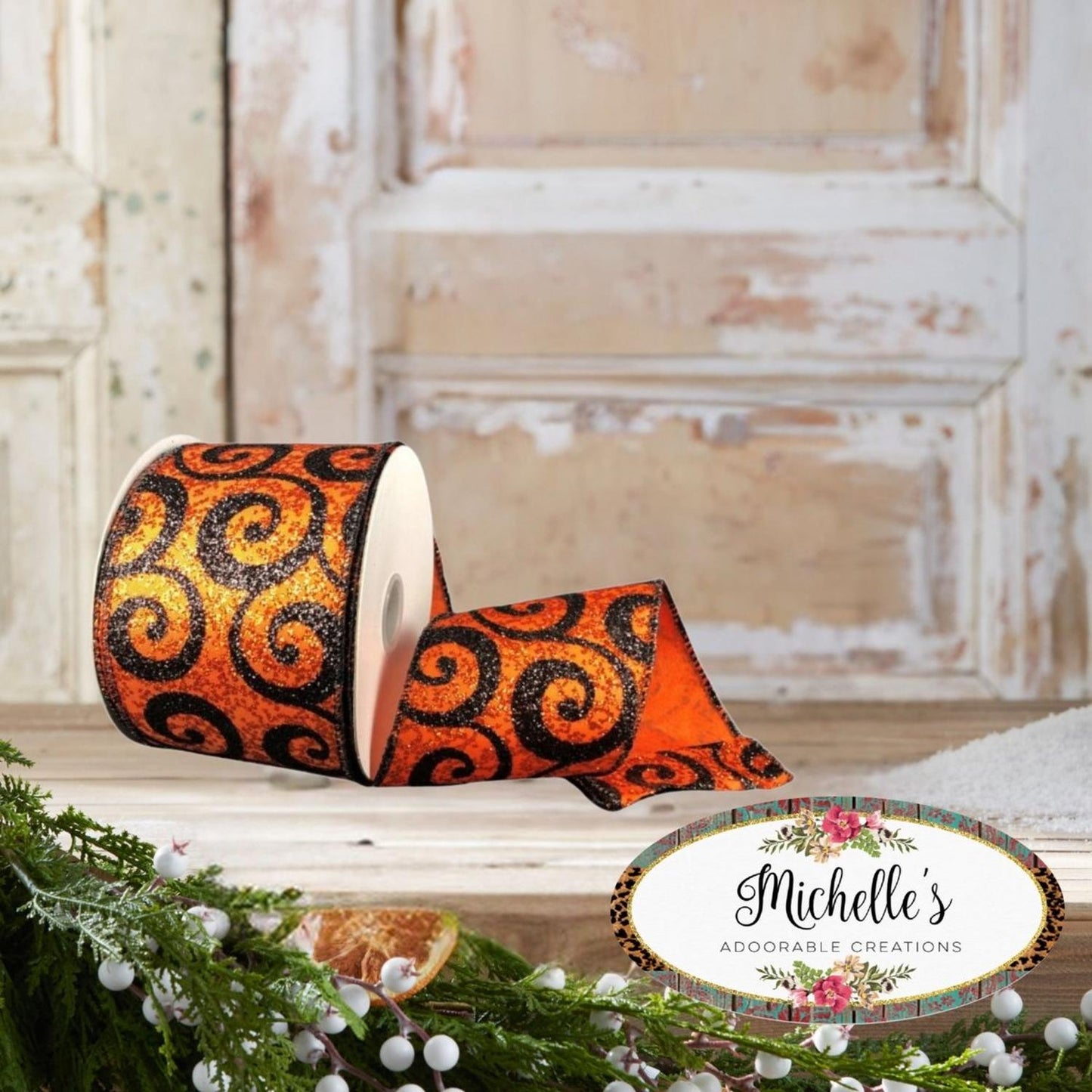 2.5" Ultra Glitter Swirls Ribbon: Orange & Black (10 Yards)