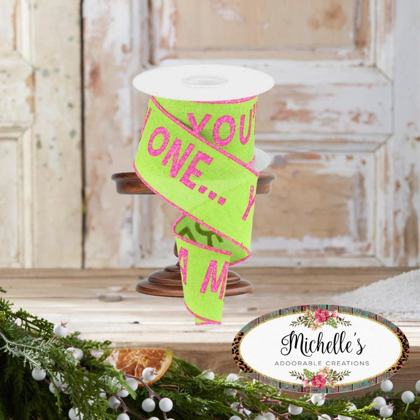 2.5" Velvet You're A Mean One Ribbon: Pink/Green (10 Yards)