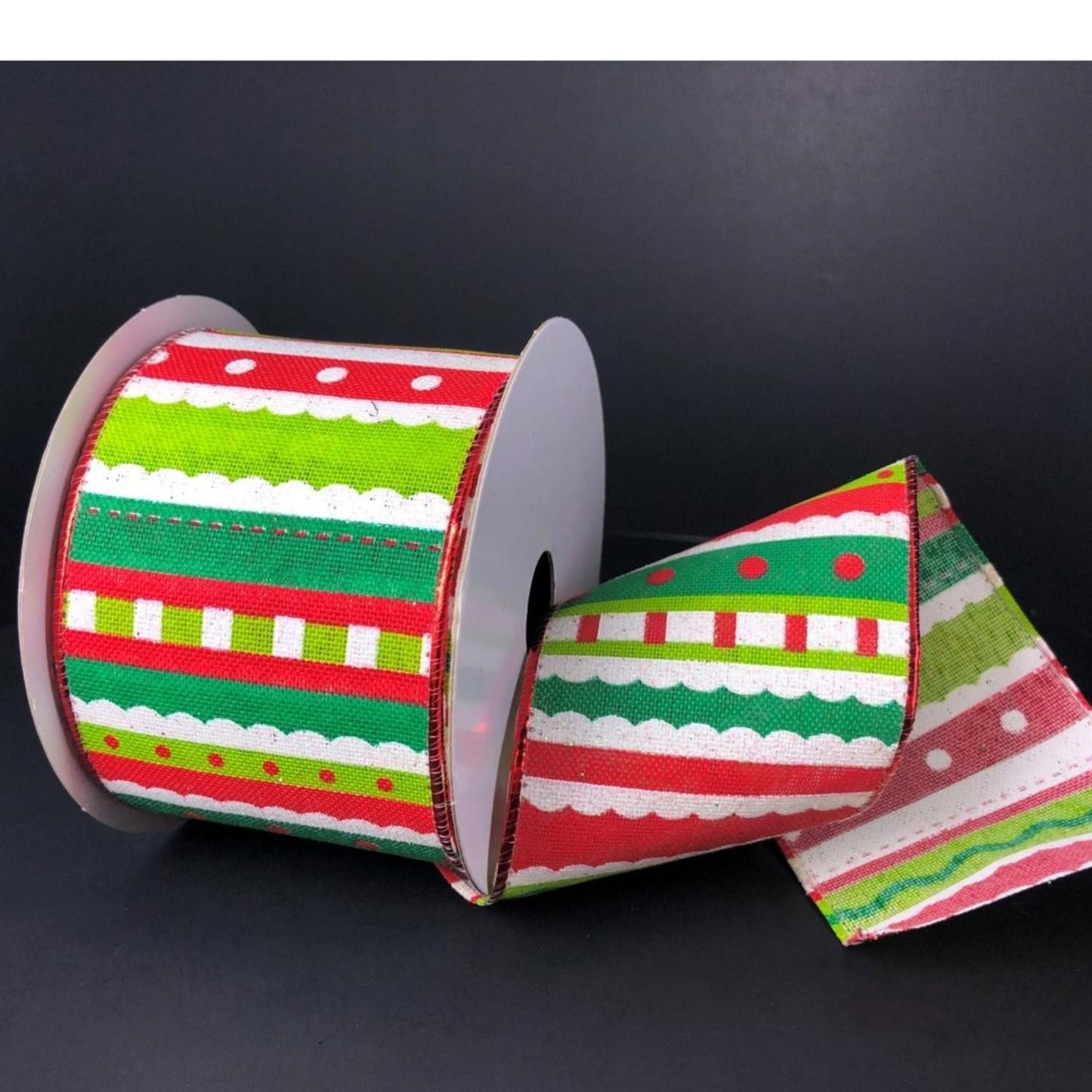2.5" Whimsy Stripe Ribbon: Lime, Red, White (10 Yards)
