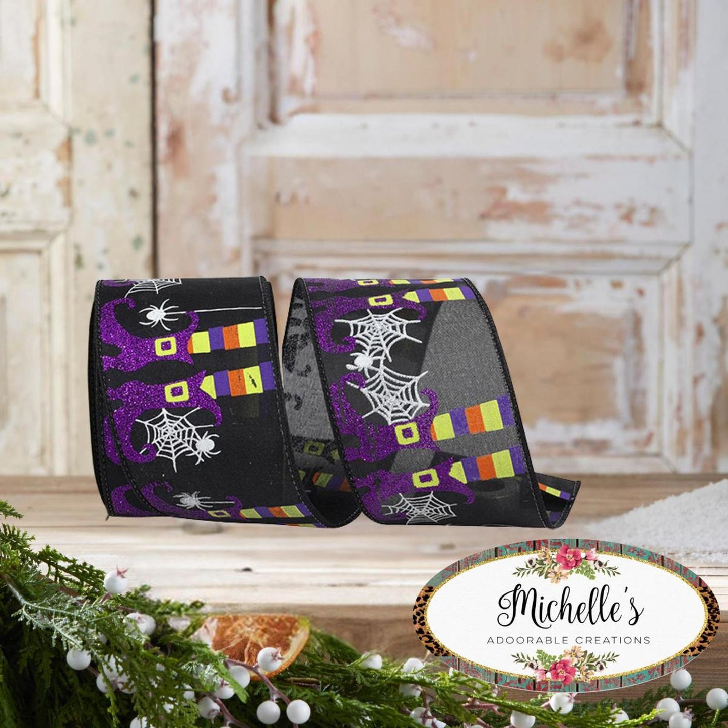 2.5" Witch Leg and Spider Web Ribbon: Black (10 Yards)